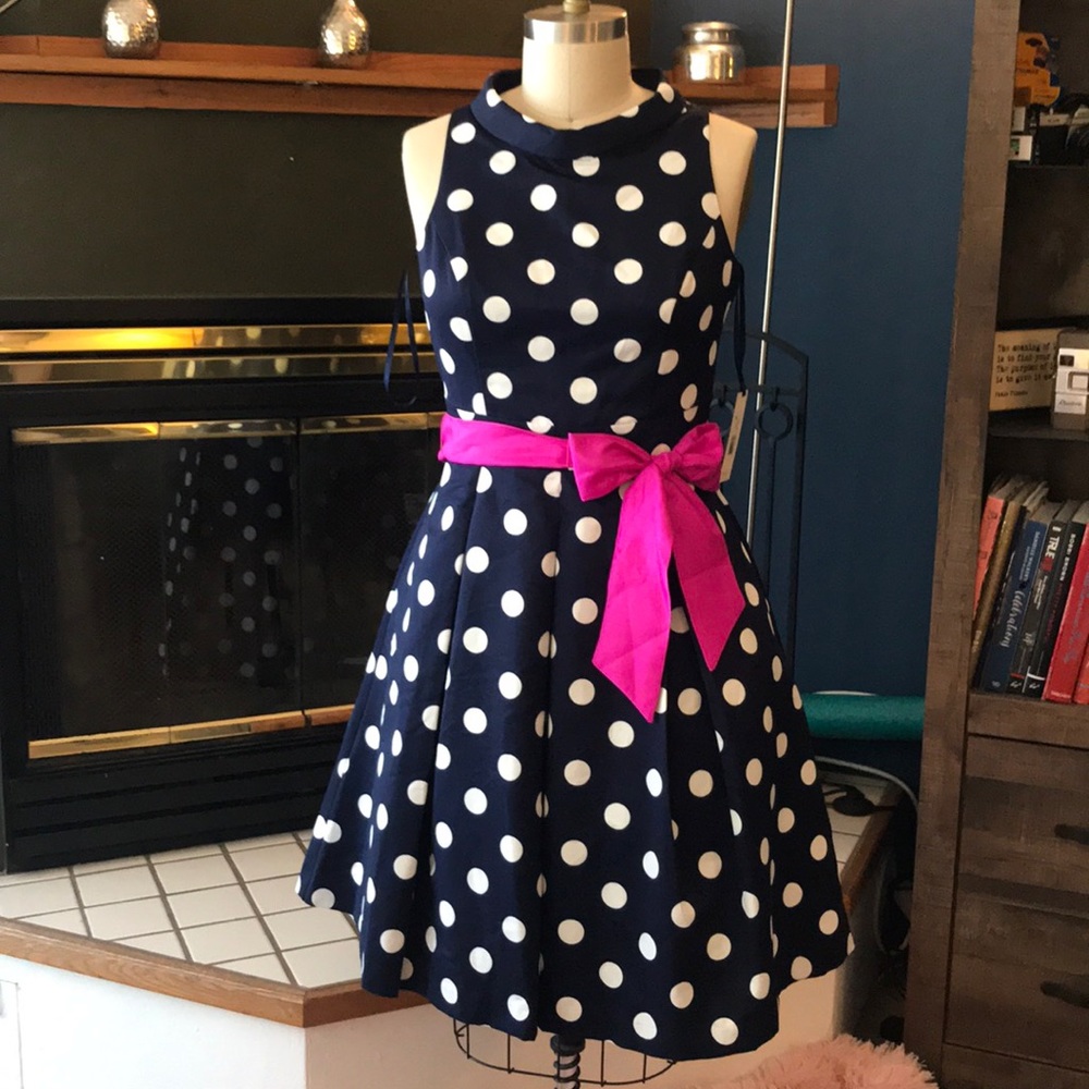 Eliza J Navy White Polka Dot Dress 12 L Pink Bow